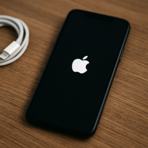 iPhone stuck on Apple logo resting on wooden surface with charger cable beside it