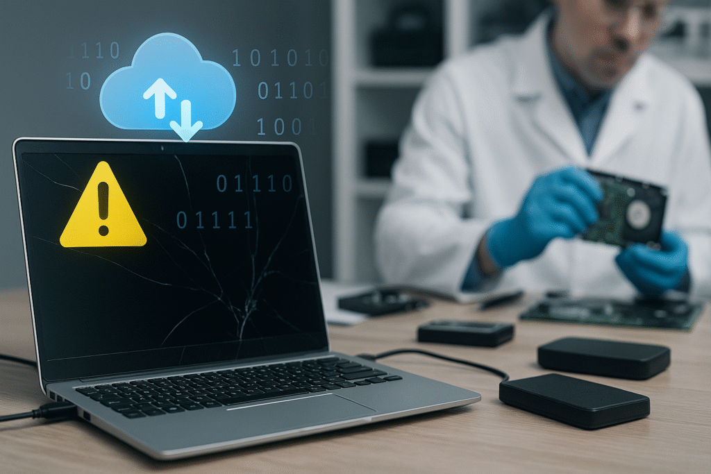 Technician performing data recovery after a crash on a damaged laptop with cloud and binary icons representing lost data restoration