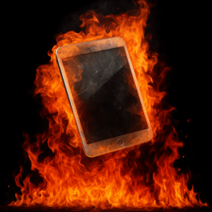 Tablet overheating in flames — a visual example of why device overheating cleaning is essential.