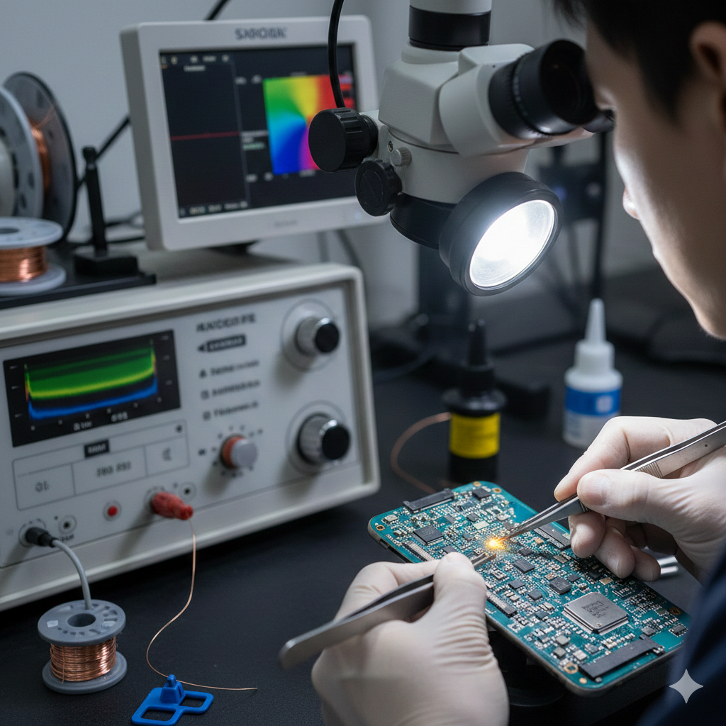 Professional technician performing micro-soldering for overheating logic boards on a smartphone motherboard using a high-powered microscope in a Miami repair shop.
