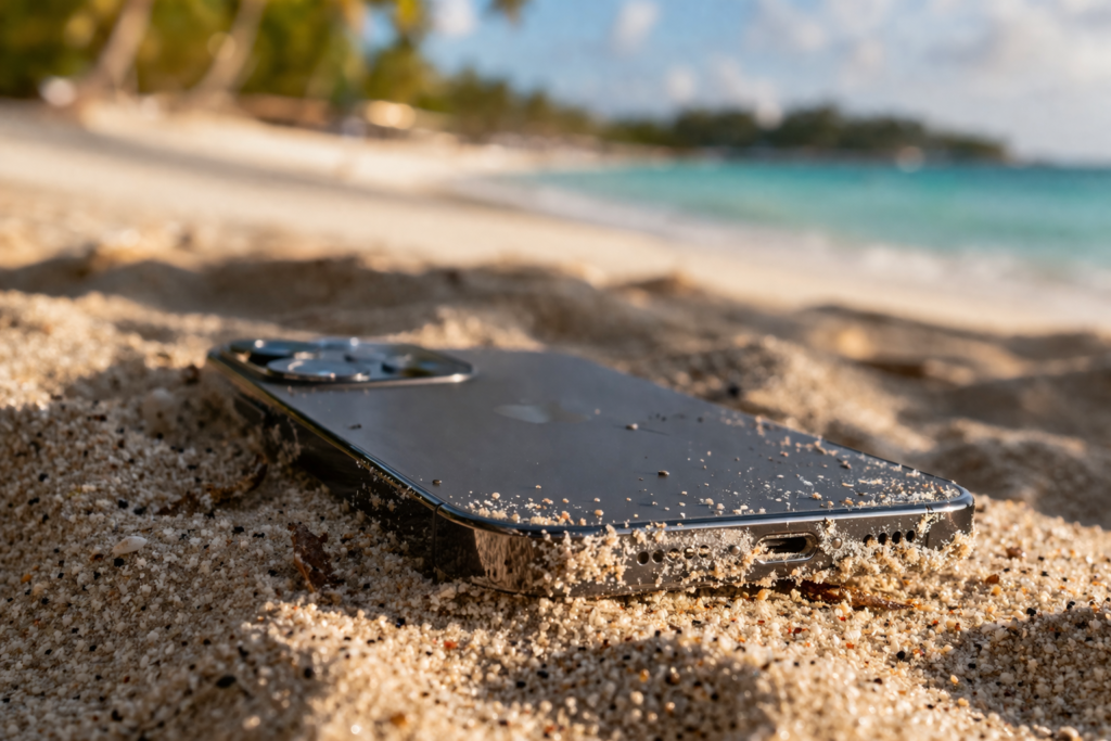 Beach sand phone damage Miami showing grains stuck inside a smartphone charging port