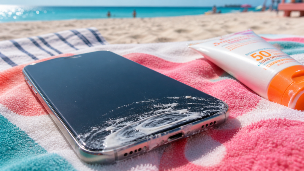 Sunscreen damage to phone screen and charging port on a Miami beach towel, showing white SPF lotion residue on the display and port opening.
