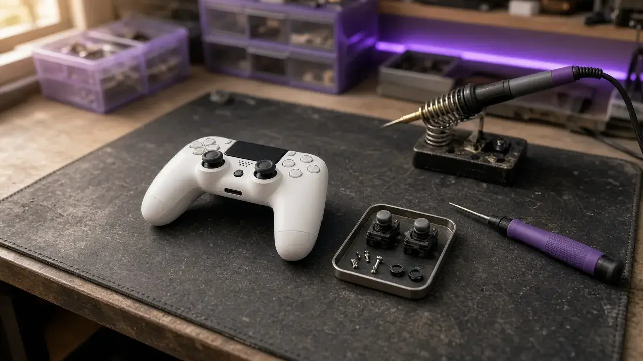 Mando de PlayStation cerrado sobre la mesa del taller WEGOWEFIX junto a joysticks TMR nuevos y herramientas